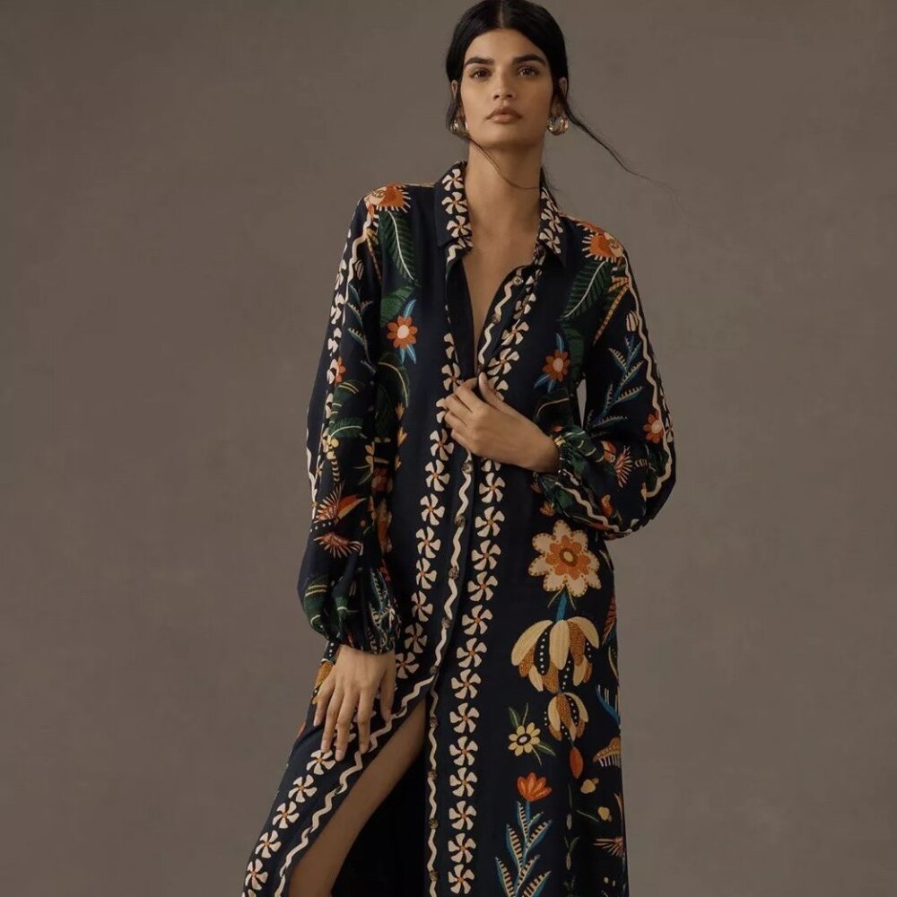 Anthropologie Farm Rio Long Sleeve Button-Front Floral Midi Dress